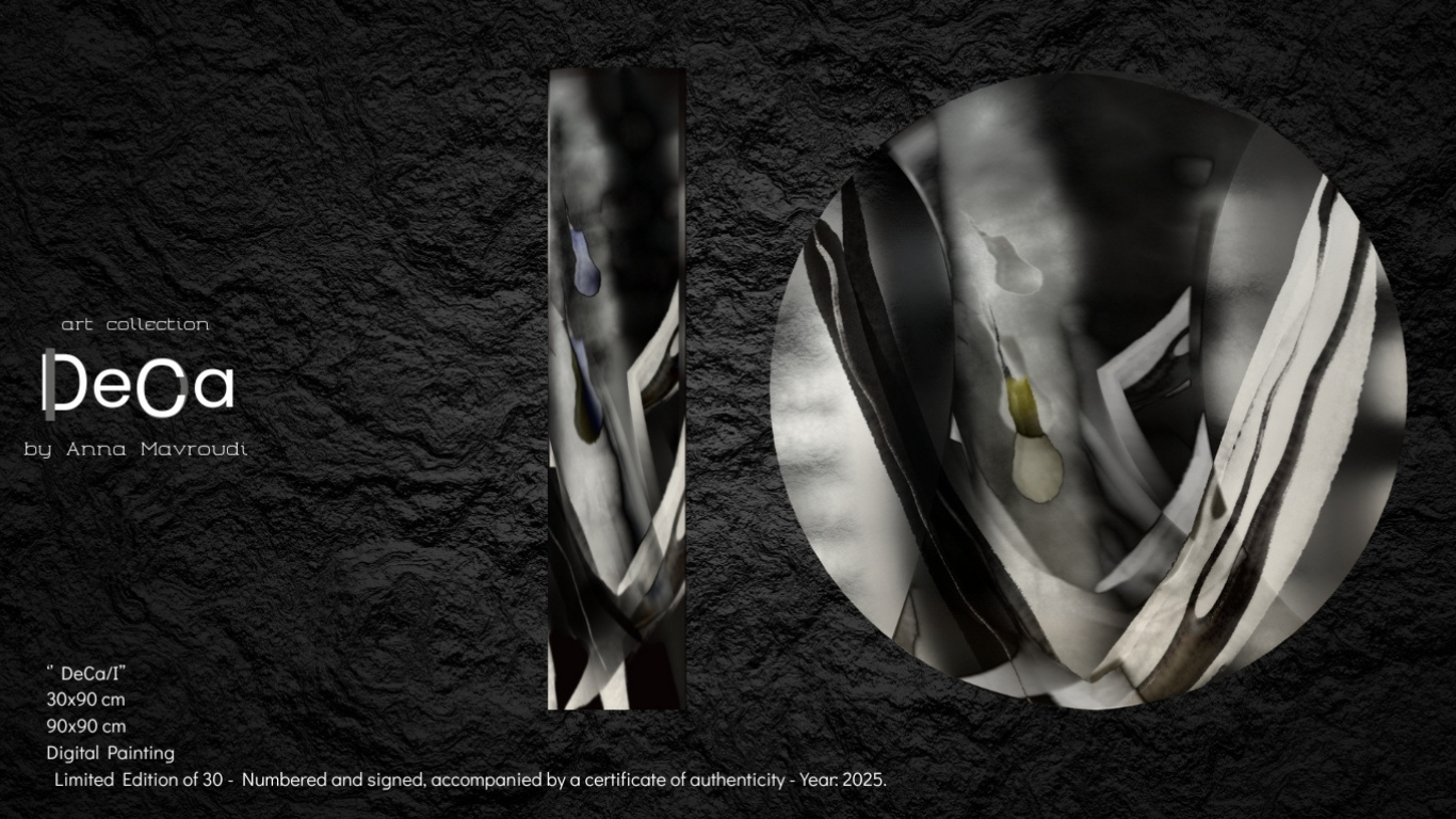 DeCa 2025 DeCa explores the archetypal geometry of consciousness through the symbolic relationship between line (1) and circle (0). Drawing from ancient symbolism and colour psychology, the series engages with emergence, wholeness, movement, and stillness as interconnected states. Rather than inviting interpretation, the works operate as acts of remembrance, reconnecting contemporary digital practice with primordial structures of thought, perception, and internal balance.